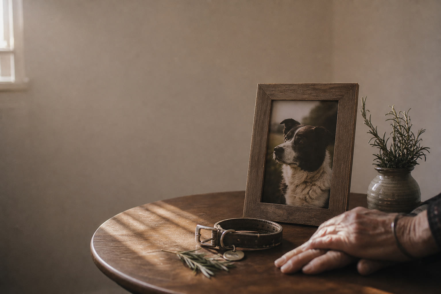 A framed dog photograph and well-worn collar kept close at home