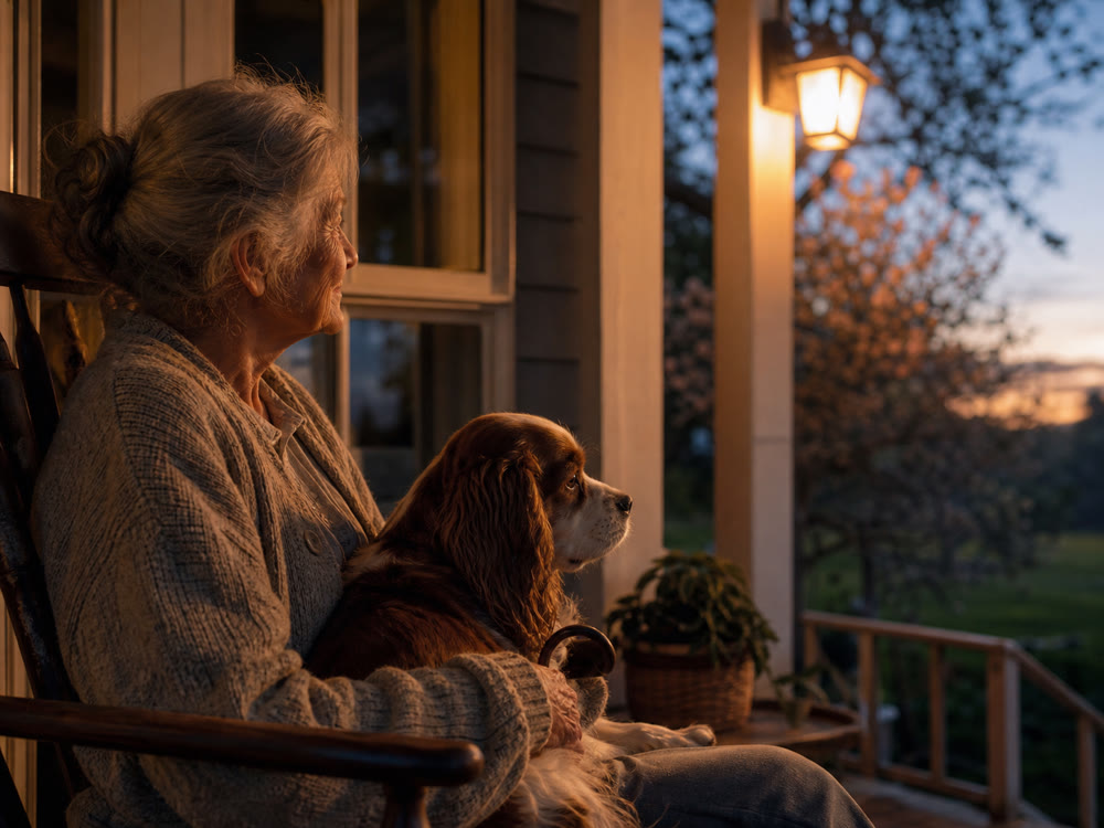 An older woman sitting with her dog on a porch at sunset