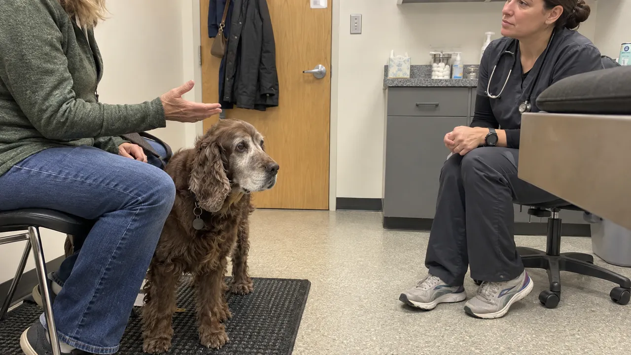 Older spaniel beside its owner during a conversation in a veterinary consultation room