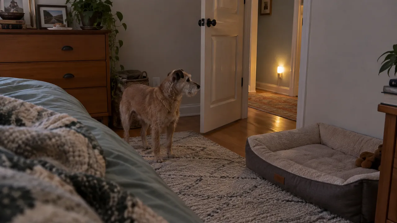 Small older terrier awake beside a low dog bed, with a light in the hallway