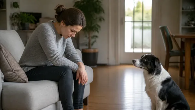 Black and white dog watching an owner whose posture and routine have changed in a quiet living room