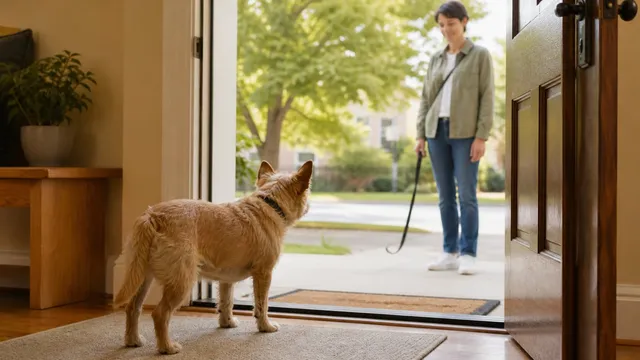Small terrier standing beside an open front door while an adult waits with a loose leash