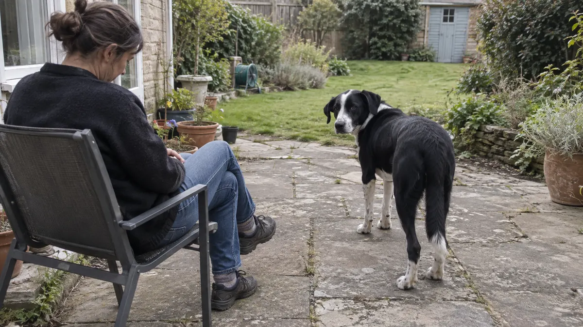 A black and white dog glances back beside a seated adult on a patio with an open route to the lawn