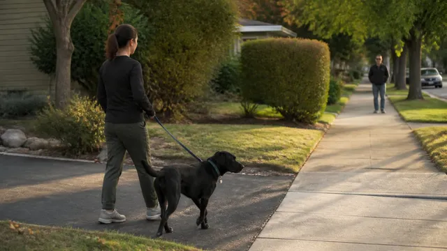 Black and tan dog taking a reward while a pedestrian remains far down the path