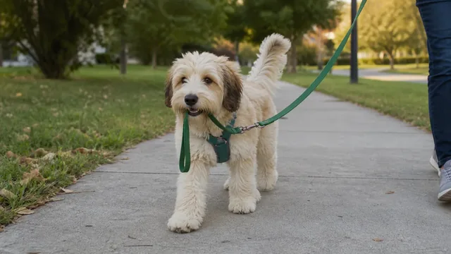 Young dog walking with the middle of its leash held in its mouth