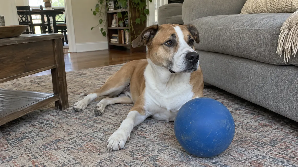 A tan and white dog rests on a rug beside a large blue ball