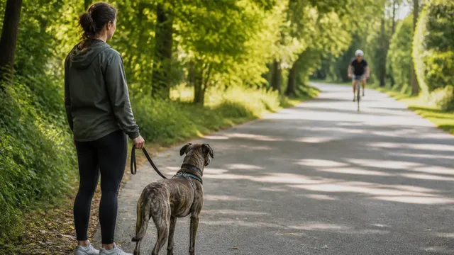 Brindle dog noticing a distant cyclist while the handler begins a calm turn