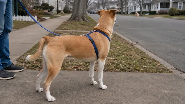 Dog on a leash at the roadside watching another dog in the distance