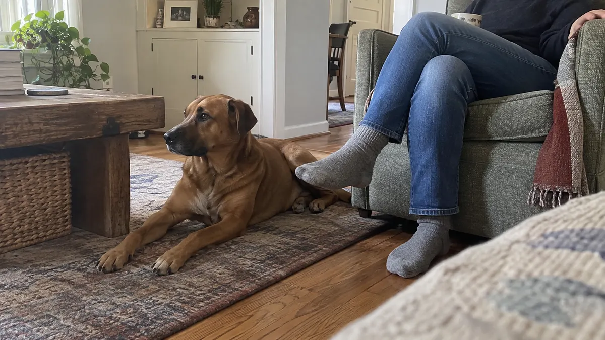 A brown dog rests on a rug beside an occupied armchair