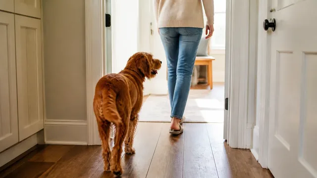 Rust colored dog naturally walking one step behind its caregiver through a bright home hallway