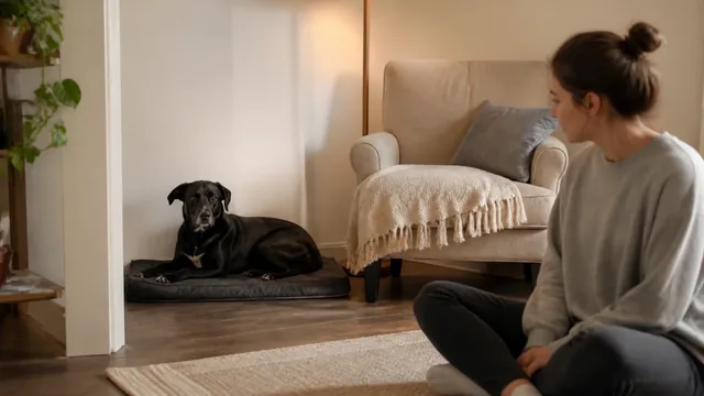 Black mixed breed dog resting in an open quiet corner while its caregiver watches from a respectful distance