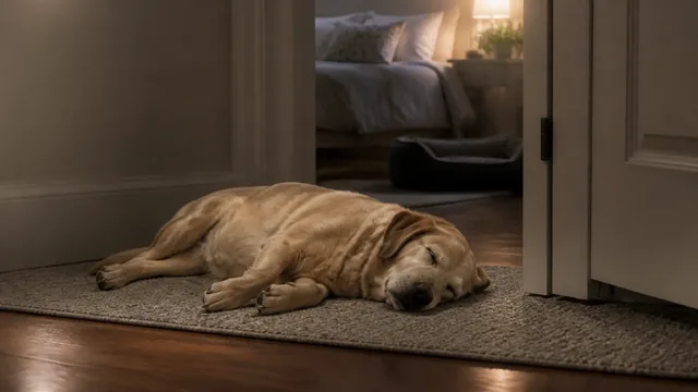 Cream colored senior dog sleeping comfortably on a cool hallway rug near an open bedroom door