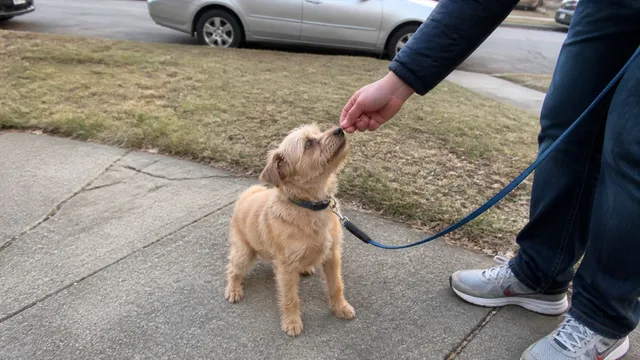 A handler rewarding a scruffy terrier on a loose leash beside an ordinary sidewalk