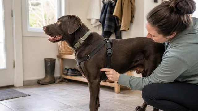 Caregiver checking the fit of a Y front harness on a chocolate Labrador in a mudroom