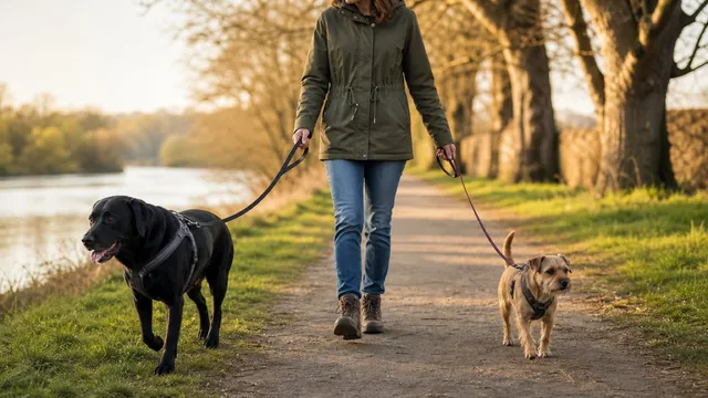 Handler walking a black Labrador and small tan terrier on separate loose leashes beside a river