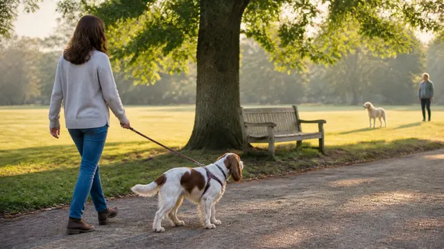 Adult handler turning away with a leashed dog while another dog remains at a distance in a park