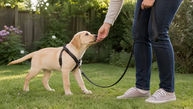 Yellow Labrador puppy taking a reward while standing on a loose leash in a garden