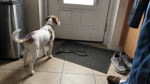 White and brown puppy standing near a back door beside its leash during an ordinary morning routine