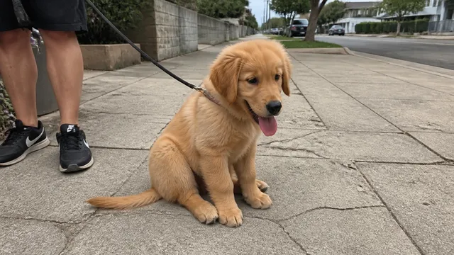 A tired golden retriever puppy sitting on an ordinary sidewalk during a short walk