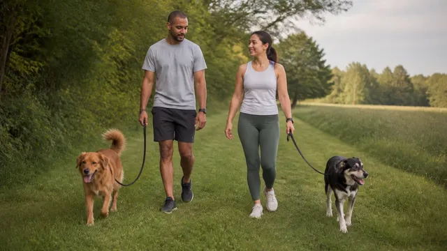 Two calm dogs walking in the same direction with space between their loose leashes