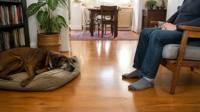 Brown dog resting while a seated person gives the dog space