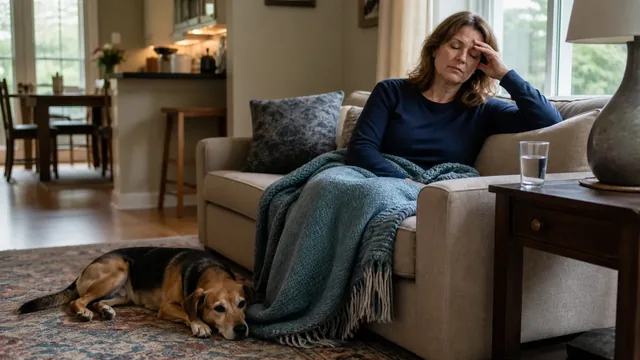 Relaxed mixed breed dog lying on the floor beside an owner resting on a sofa