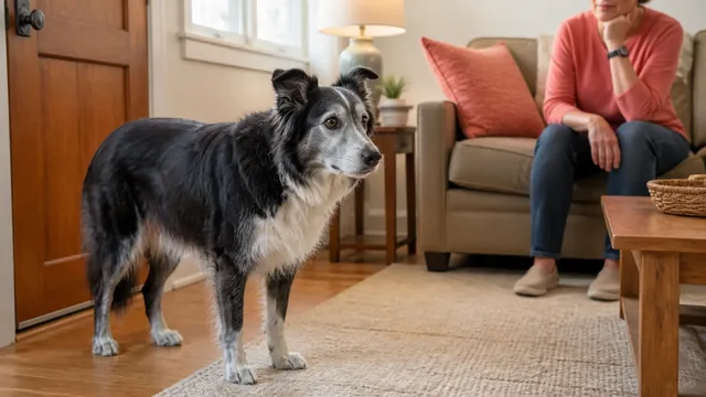 Gray muzzled senior Border Collie mix standing near a doorway while a caregiver watches from the couch