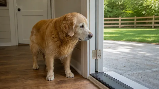 Gray muzzled senior golden retriever standing beside the hinge of a partly open back door