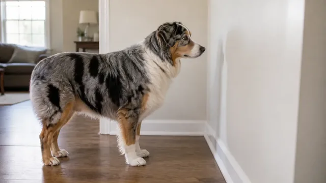 Gray muzzled senior Australian shepherd standing about a foot away from a wall without touching it