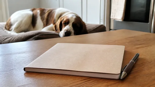 Notebook and pen with an older spaniel resting in the background