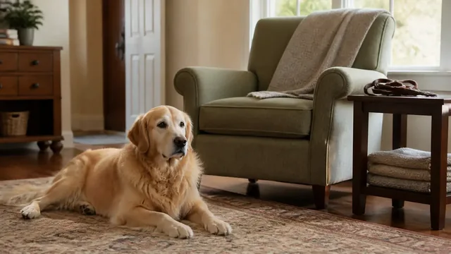 Adult golden retriever resting calmly beside an empty familiar reading chair
