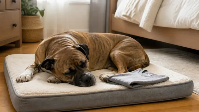 Adult brindle boxer mix sleeping comfortably beside one folded plain cotton shirt on a dog bed