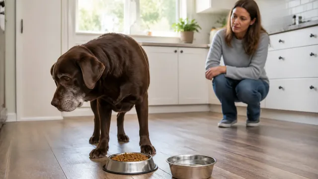 Gray muzzled chocolate Labrador turning away from a full food bowl while a caregiver observes quietly