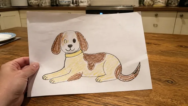 Child's drawing of a dog held over a kitchen table