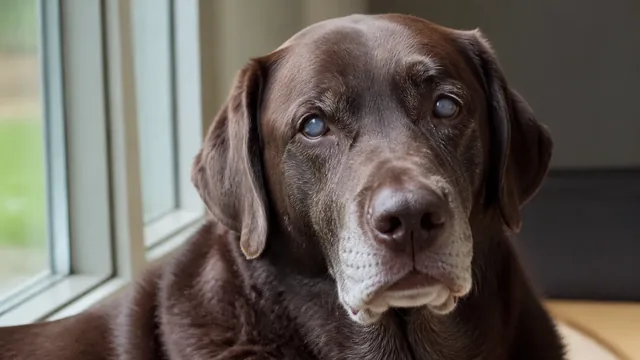 Older chocolate Labrador with a faint bluish haze in both eyes