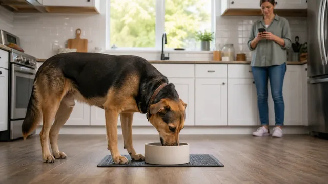 Caregiver recording a calm dog drinking from a stable water bowl on a nonslip mat
