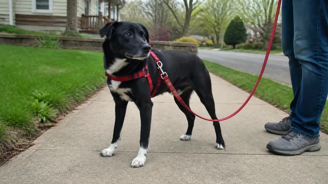 Dog standing still on a sidewalk with a slack leash, refusing to move forward