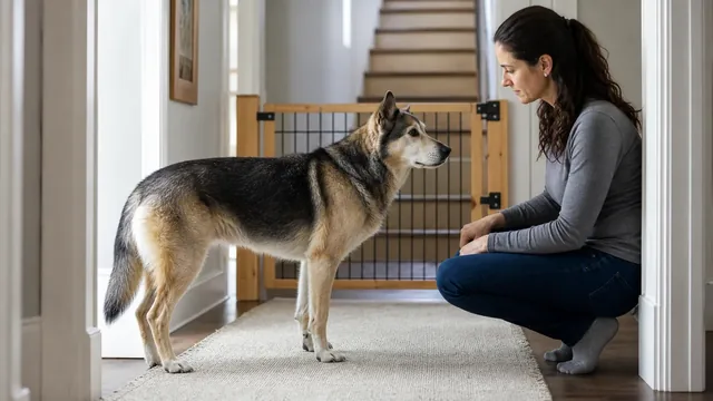 Owner calmly keeping a senior shepherd mix on a nonslip rug behind a closed stair gate