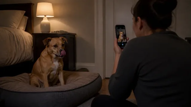 Caregiver recording a natural nighttime episode as a dog briefly licks its lips on its own bed