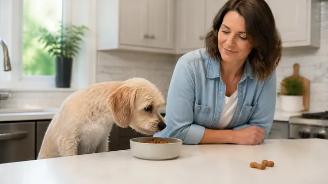 Cream and tan small dog sniffing a plain bowl of kibble while its caregiver observes in a home kitchen