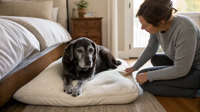 Caregiver checking the washable bed of a gray muzzled senior Labrador after the dog wakes