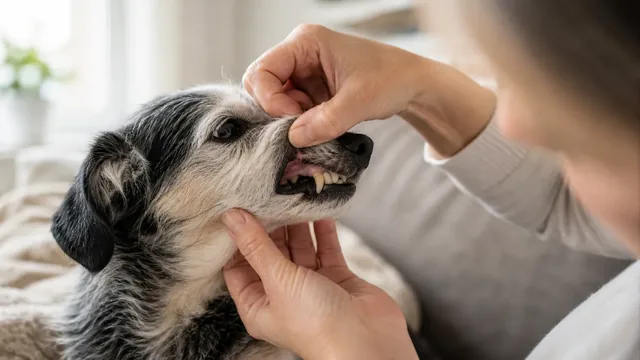Caregiver gently lifting the lip of a calm gray muzzled senior dog to look at the outer teeth and gums
