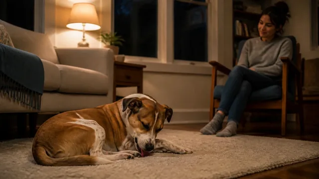 Brown and white dog resting on a rug with one front paw visible beside its caregiver