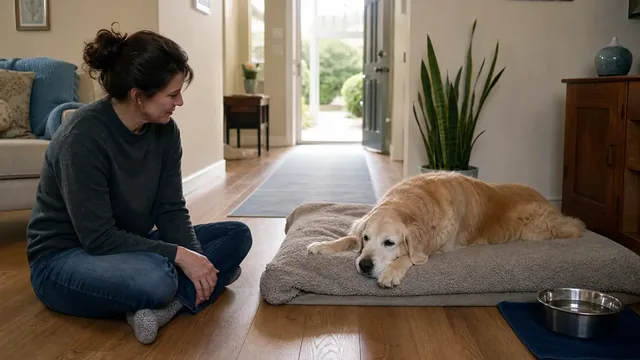 Gray muzzled senior golden retriever resting on a low bed while a caregiver sits calmly nearby