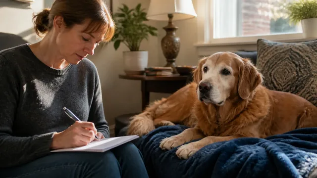 Caregiver writing an appointment checklist beside a gray muzzled golden retriever resting on a navy blanket