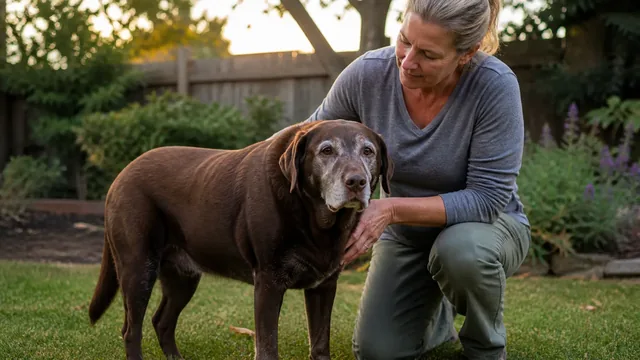 Caregiver observing a gray muzzled chocolate Labrador standing calmly in a backyard