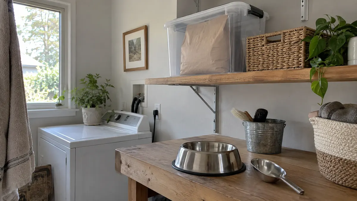 Unbranded bag inside a closed storage box on a shelf, with an empty bowl and scoop on a separate bench