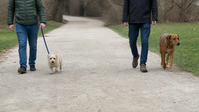 Two dogs walking in parallel several yards apart with loose leashes