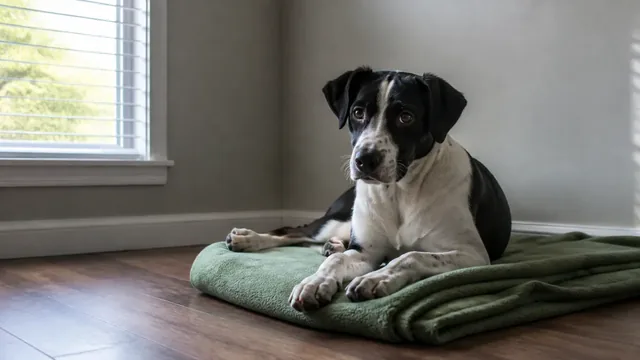 Young black and white dog resting on a folded green blanket