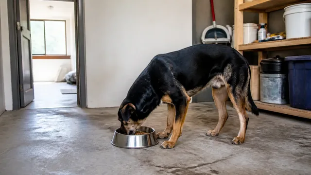 Black and tan mixed breed dog eating from a steel bowl in a quiet utility room